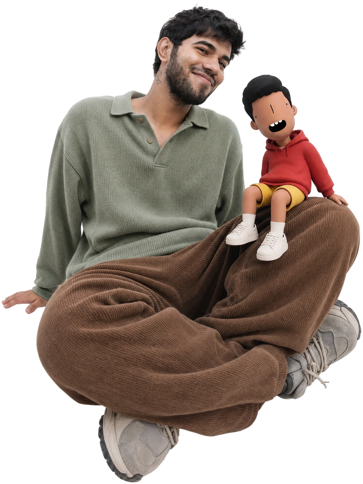 Akshay sitting cross-legged on the floor, smiling, with his small 3D character sitting on his knee