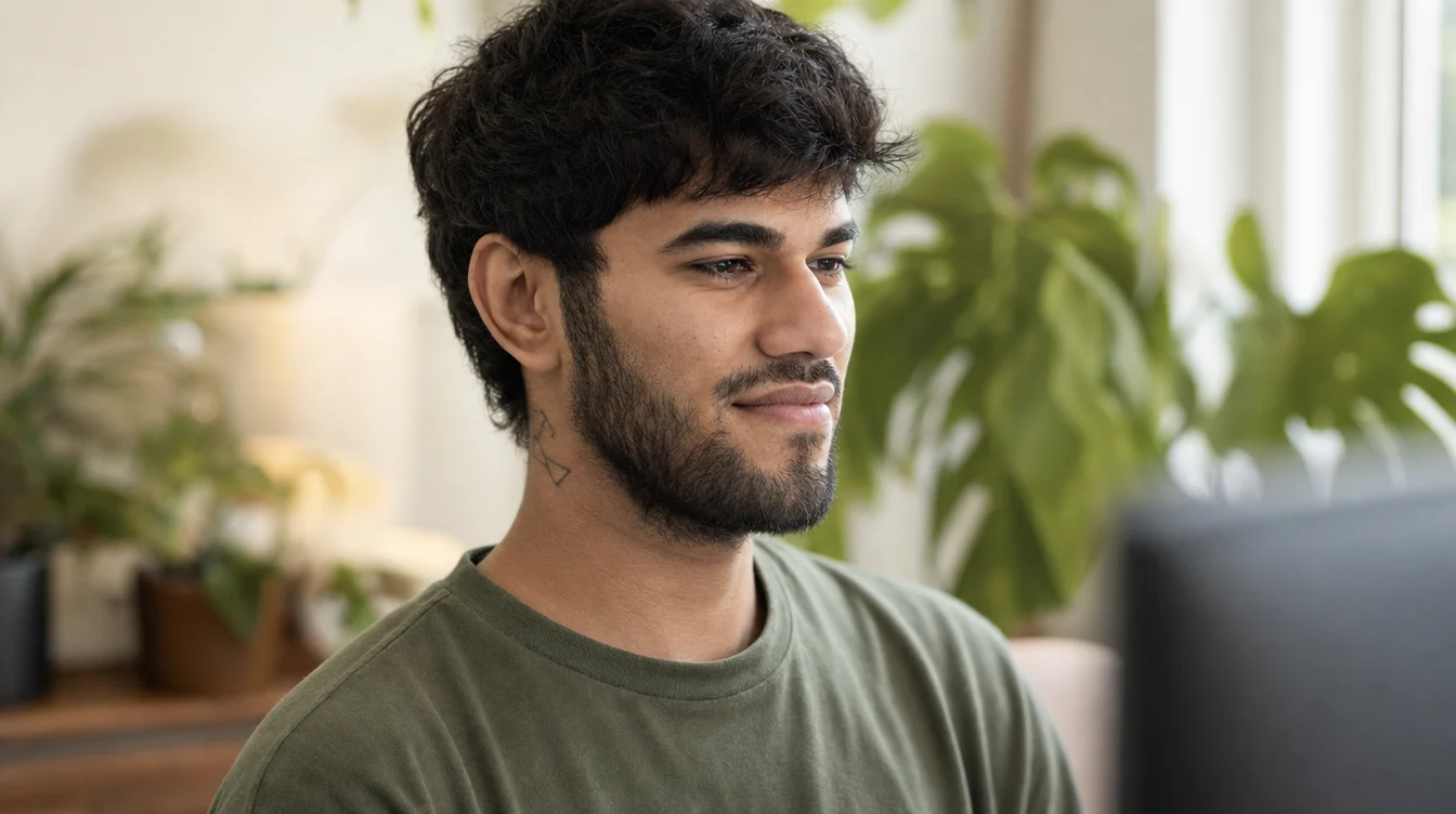 Akshay at his desk, focused on his screen, in a bright room full of plants