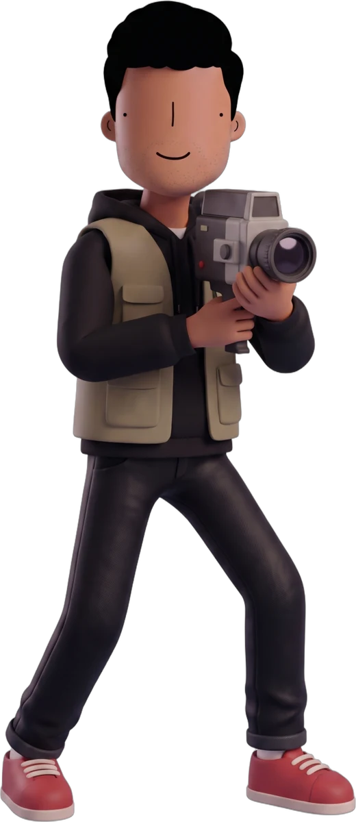 3D me in a utility vest, filming with a retro camera
