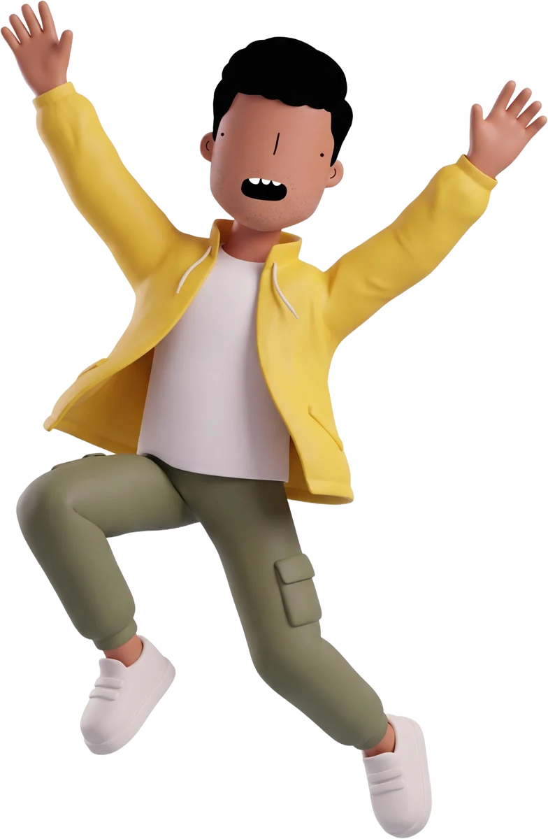 3D me in a yellow windbreaker, leaping into the air